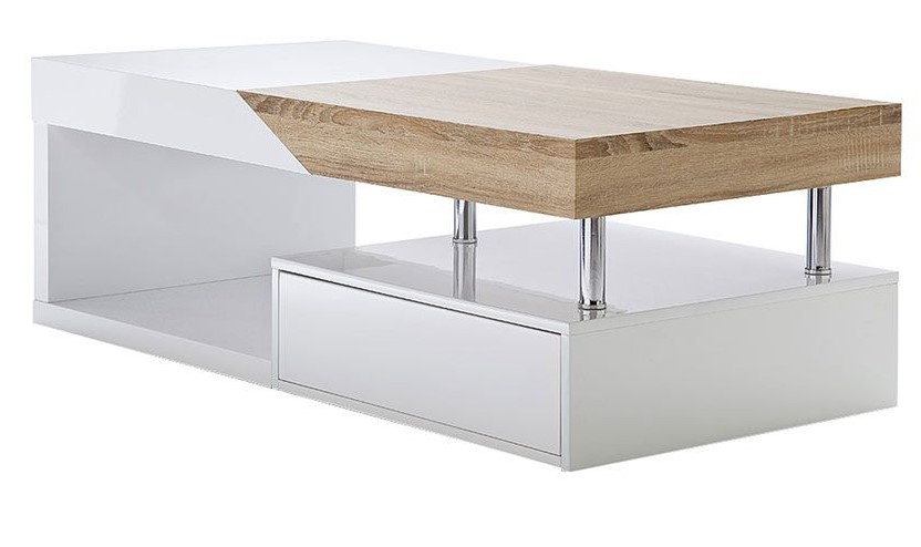 Table basse design SLICE avec rangements blanc laqué et chêne