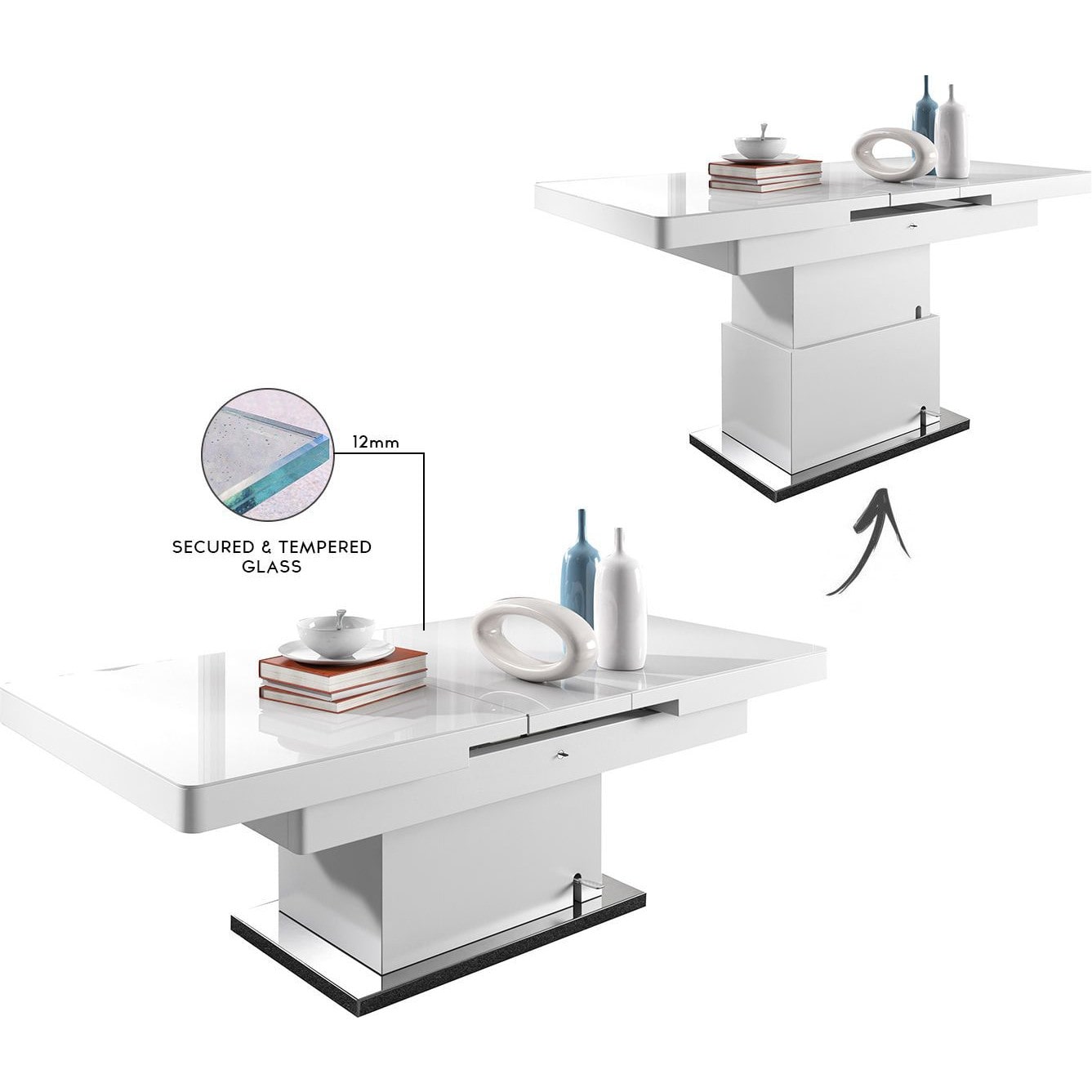 Table design extensible et relevable NOVITA blanc laqué
