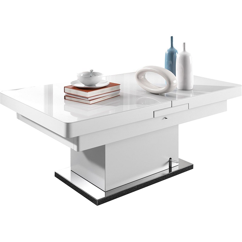 Table design extensible et relevable NOVITA blanc laqué avec plateau en verre trempé