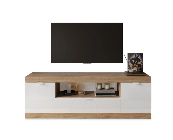 Meuble TV SLIM 2 portes 3 tiroirs imitation chêne et blanc