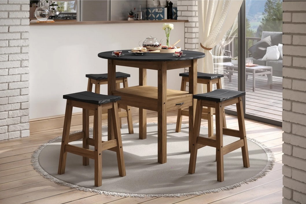 Table + 4 Tabourets de bar JANE 2 bois massif/noir