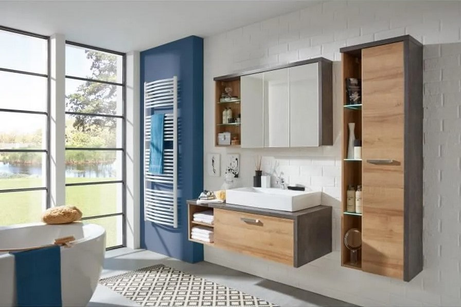 BAY Salle de bain complète Armoire+colonne+meuble avec Vasque+miroirs - Cdiscount