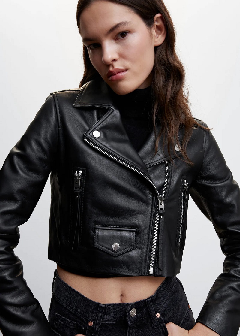 MANGO CUTIE Blouson biker cuir crop noir