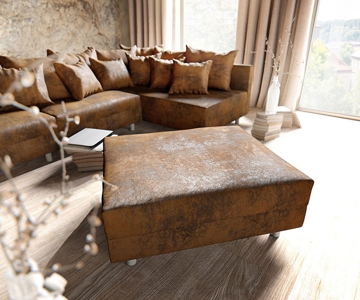 Canapé d'angle CLOVIS marron aspect antique tabouret modulaire ottoman droite - DELIFE