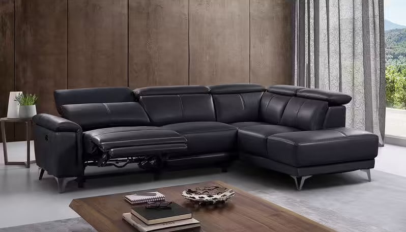 Canapé d'angle relax électrique ROXANE 4 places en cuir noir