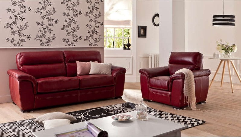 Canapé fixe 3 places GIOVANNI en cuir coloris rouge