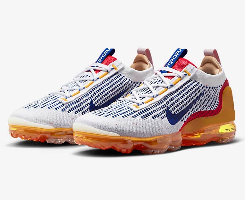 Nike Air VaporMax 2021 Flyknit SE Baskets Basses Blanc/Jaune ocre/Rouge université/Royal ancien pour Homme