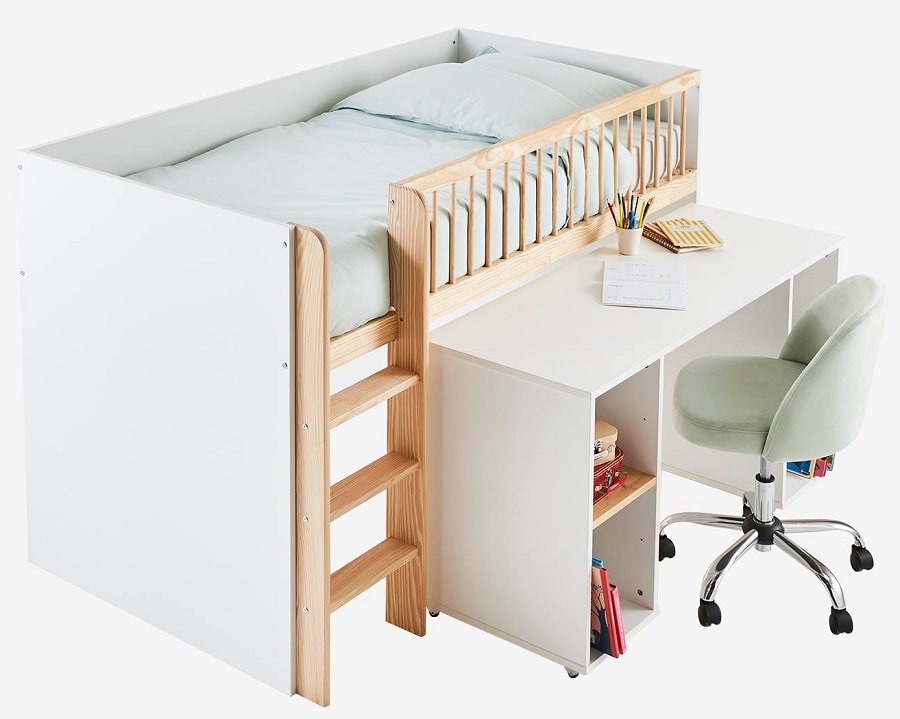 Combiné lit mezzanine GECKO + bureau coulissable blanc