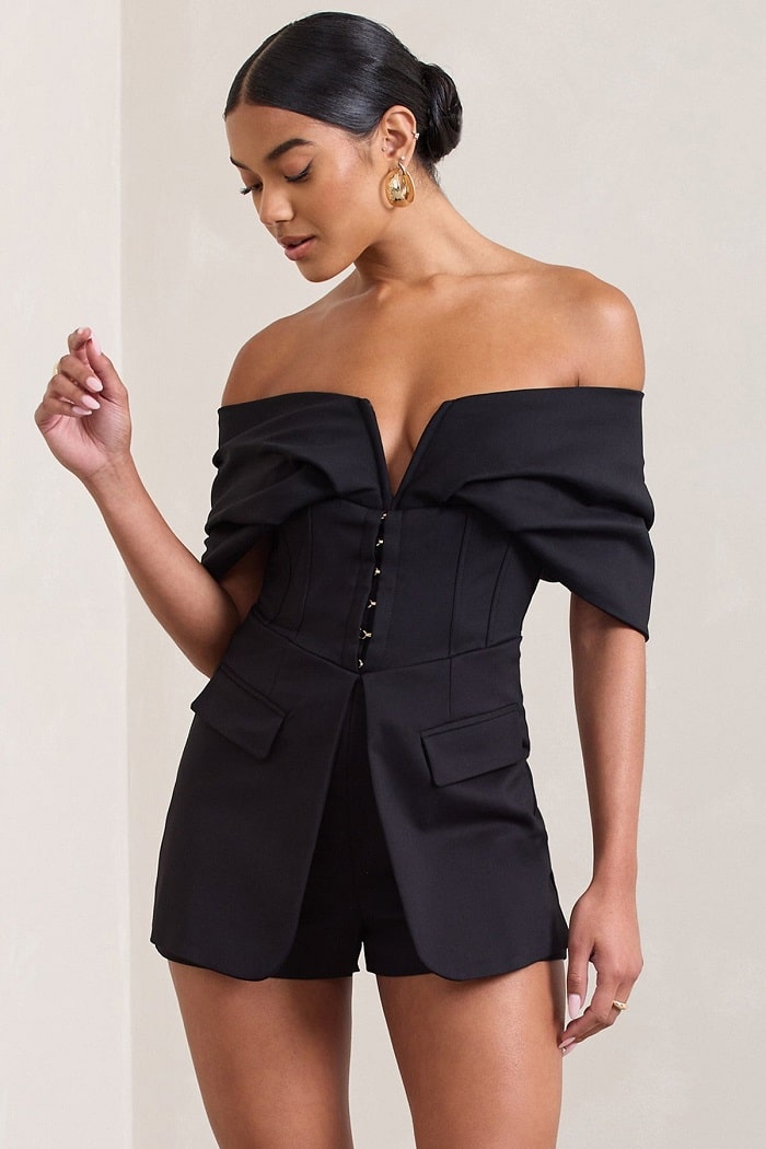 Combishort DAMSEL Bardot corset en coton mélangé noir