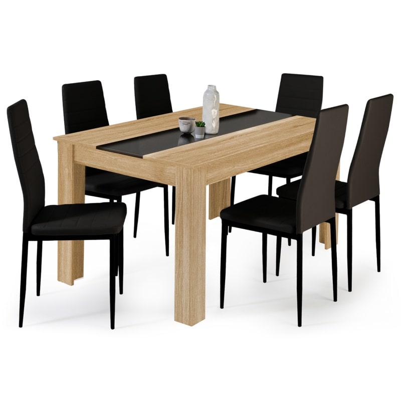 Ensemble Table à manger GEORGIA 140 cm imitation hêtre et noire et 6 chaises ROMANE noires