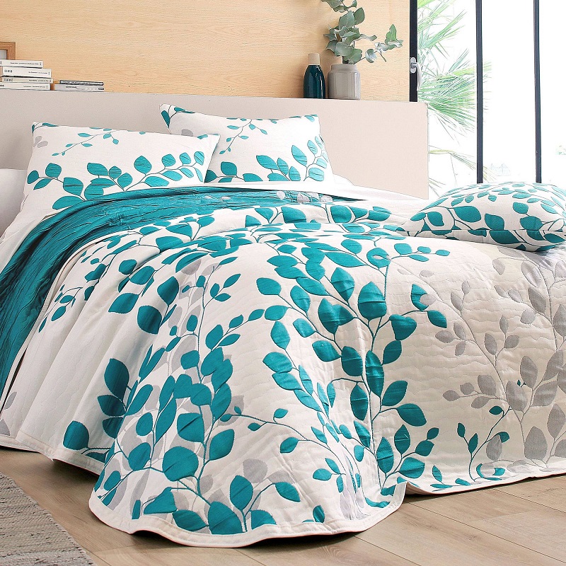 Jeté de lit jacquard BECQUET motif fleurs Turquoise