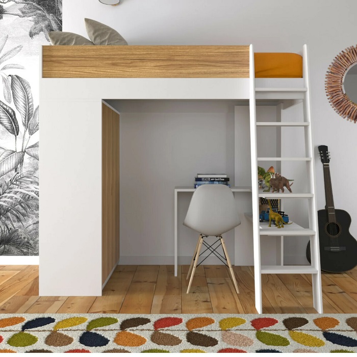 Lit mezzanine combiné MEMPHIS 90x190 cm effet bois blanc et bois