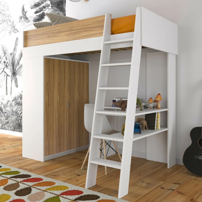Lit mezzanine combiné MEMPHIS 90x190 cm effet bois blanc et bois - Maisons du Monde