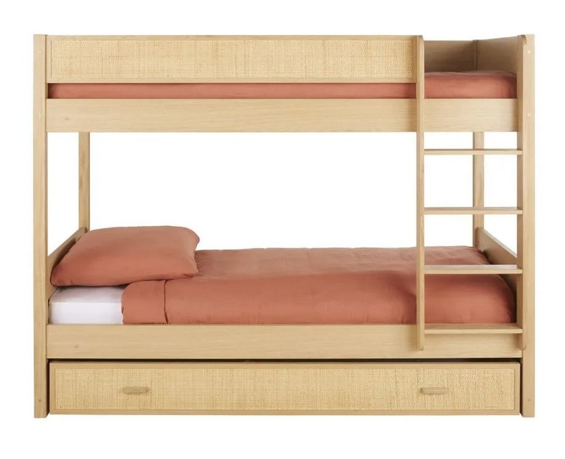 Lit superposé MALAGA avec tiroir de lit en rotin tressé 90x190 cm