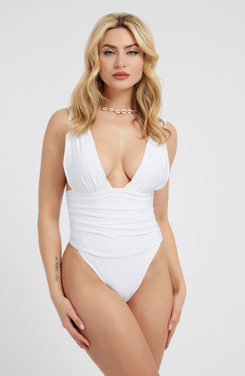 Maillot de bain une pièce GUESS bande élastique à la taille drapée Blanc