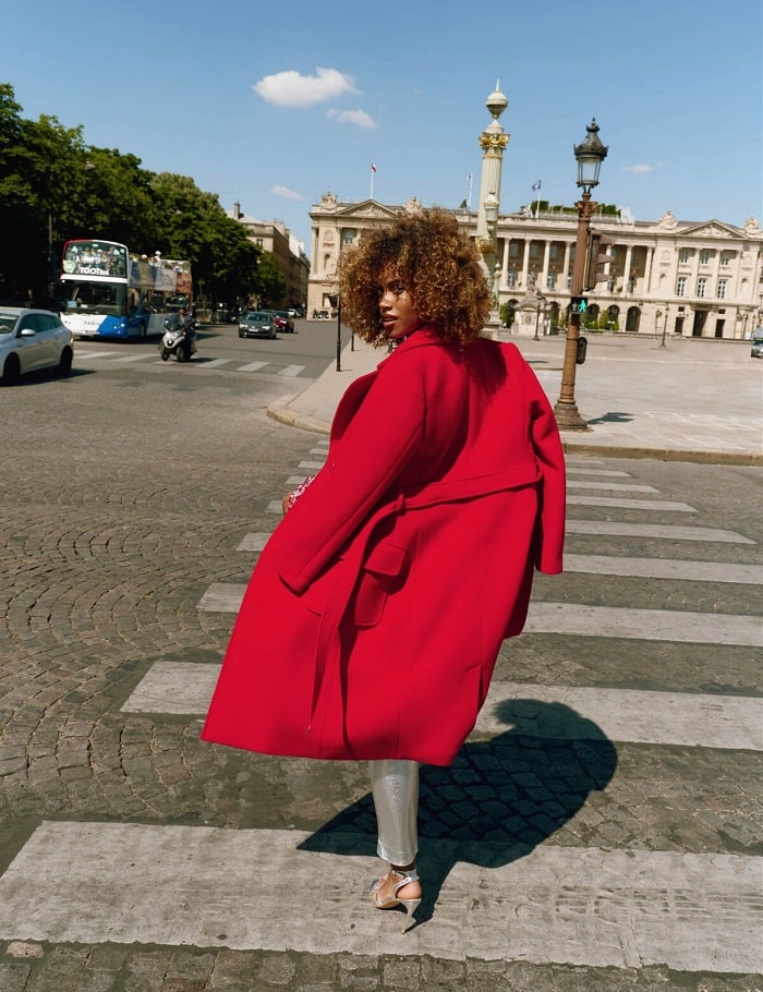 Manteau long cintré GRAZAY Morgan ceinturé rouge