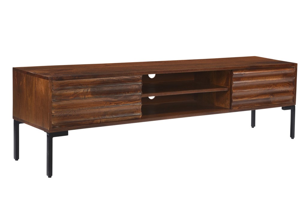 Meuble TV ONDA 2 portes en bois foncé manguier massif et métal noir