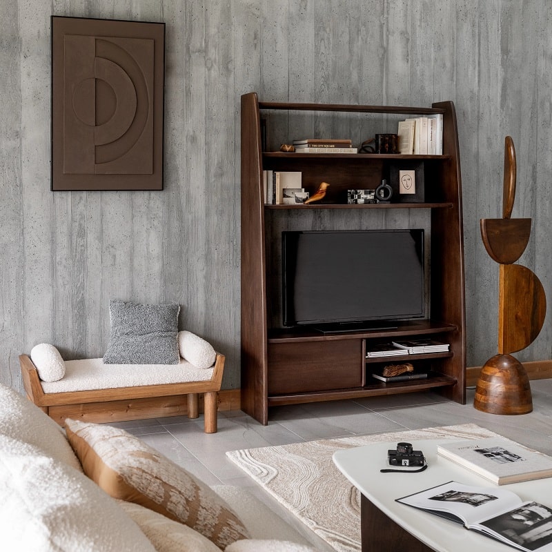 Meuble TV haut LAUSANNE avec étagères 1 porte en bois d'acacia