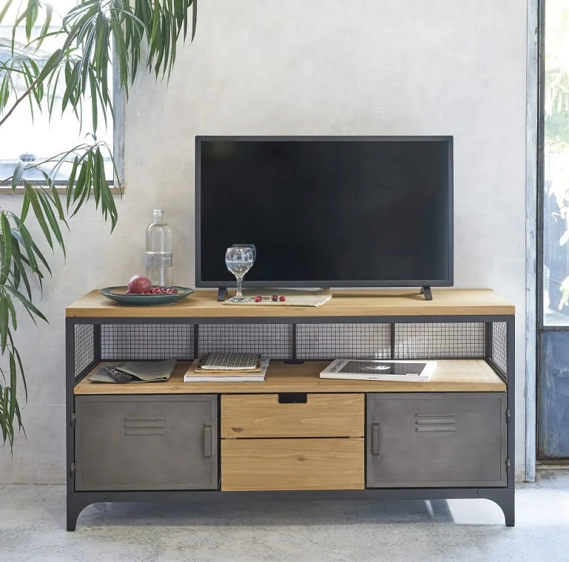 Meuble TV industriel HARVEY 1 tiroir 2 portes en bois de sapin et métal - Maisons du Monde