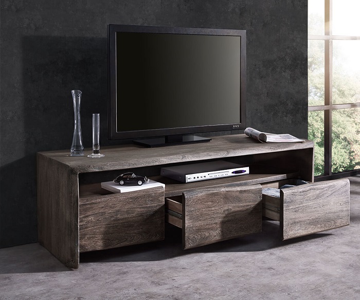 Meuble TV Live-Edge 145 cm compartiment 3 tiroirs acacia platine