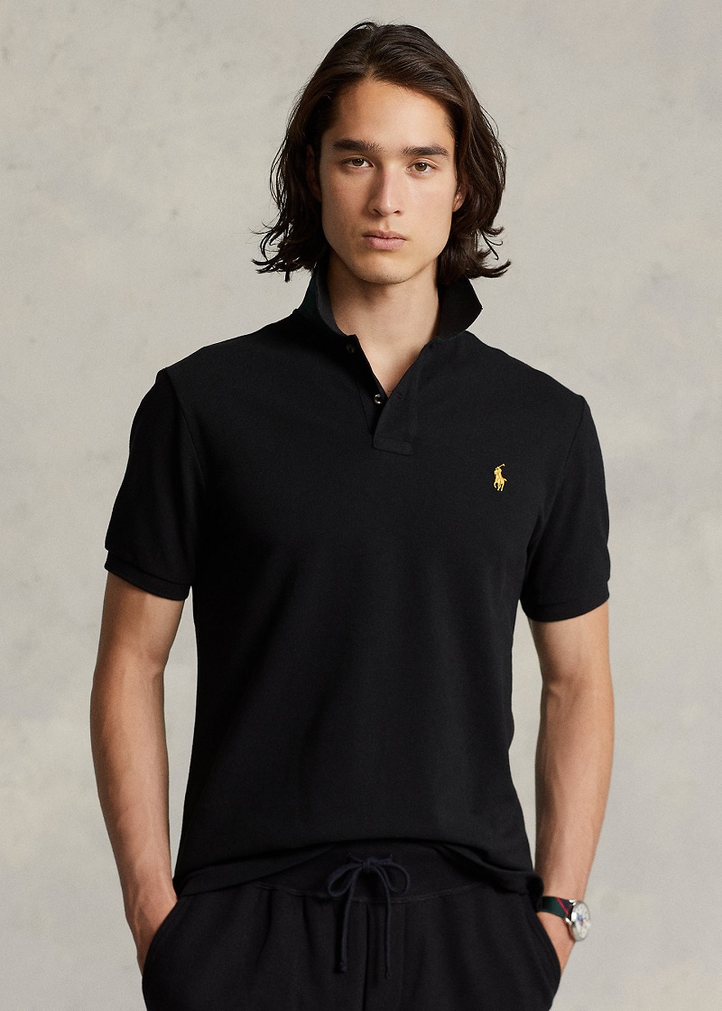 Polo Ralph Lauren Polo ajusté en piqué à bordure écossaise Noir - Soldes Polo Homme Ralph Lauren