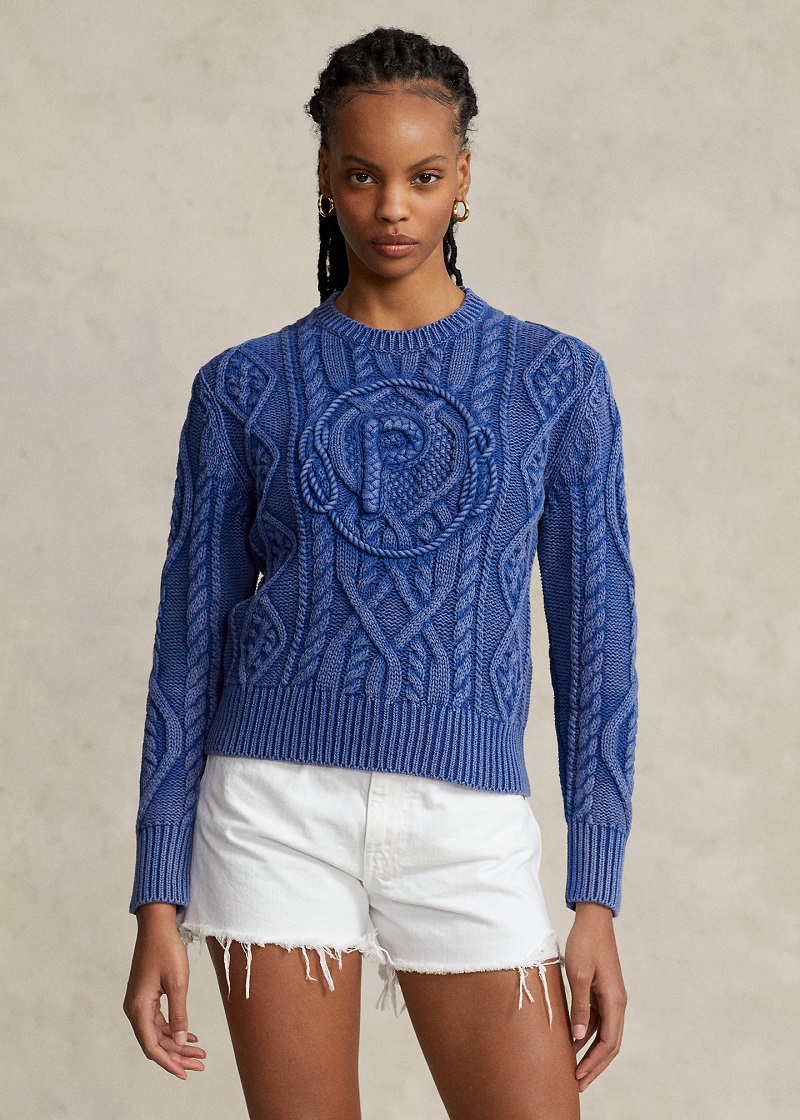 Polo Ralph Lauren Pull en tricot d'Aran de coton Marine royale délavée