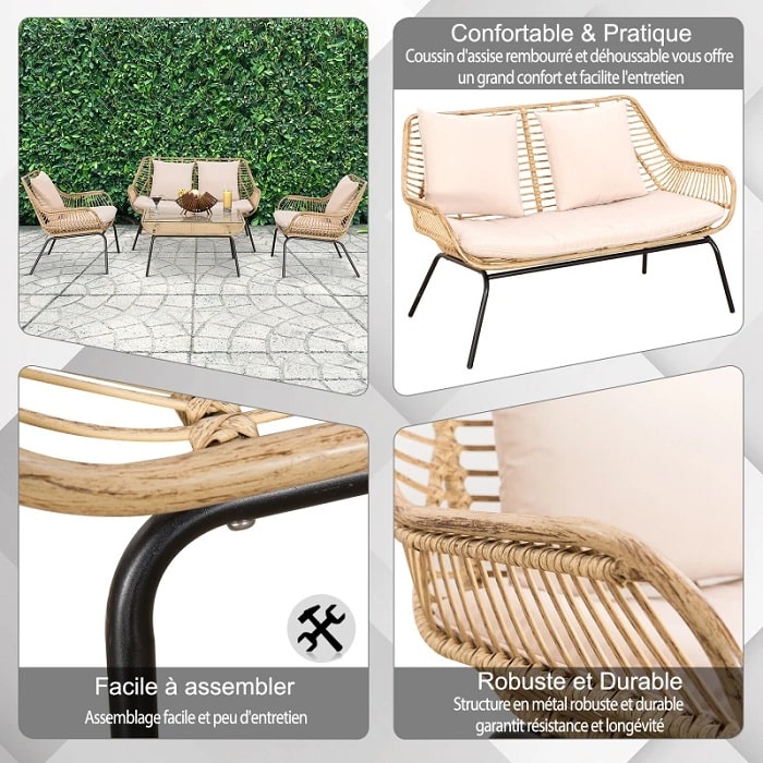 Salon de jardin OUTSUNNY 4 places imitation bambou avec coussins inclus