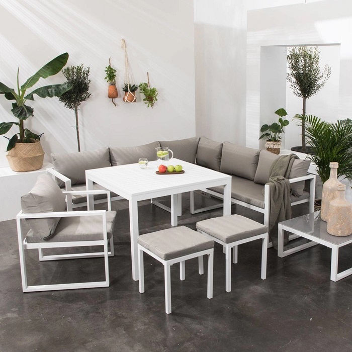Salon de jardin IBIZA 7 places en tissu gris aluminium blanc