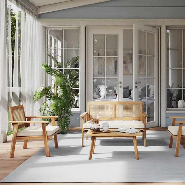 Salon de jardin NORA 1 canapé, 2 fauteuils et 1 table basse en bois d'acacia et cannage