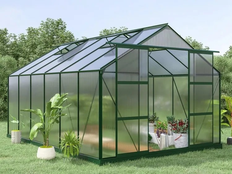 Serre de Jardin KALIDA en polycarbonate de 13 m² avec embase Vert