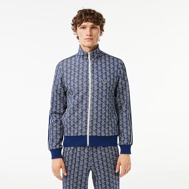 Sweatshirt zippé Paris Lacoste jacquard monogramme Bleu Marine et blanc