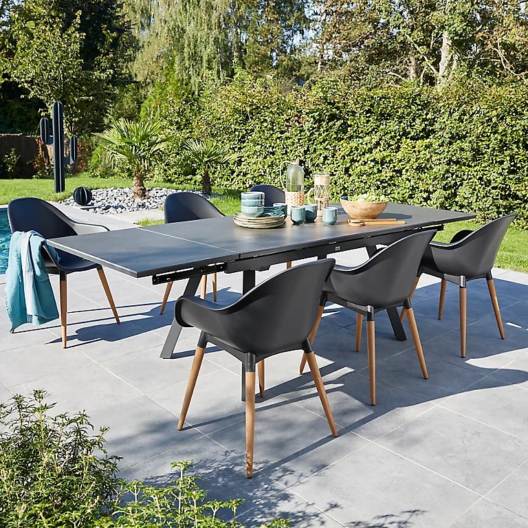 Table de jardin extensible Proloisirs AGRA en aluminium et céramique 150/200/250 x 90 cm graphite et gris