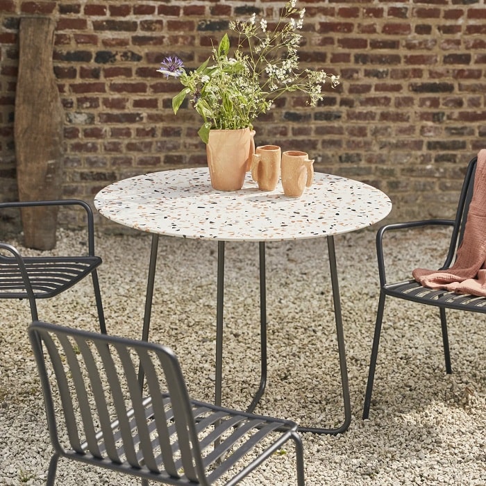 Table de jardin ronde ELIO 4 personnes en terrazzo premium et métal brown