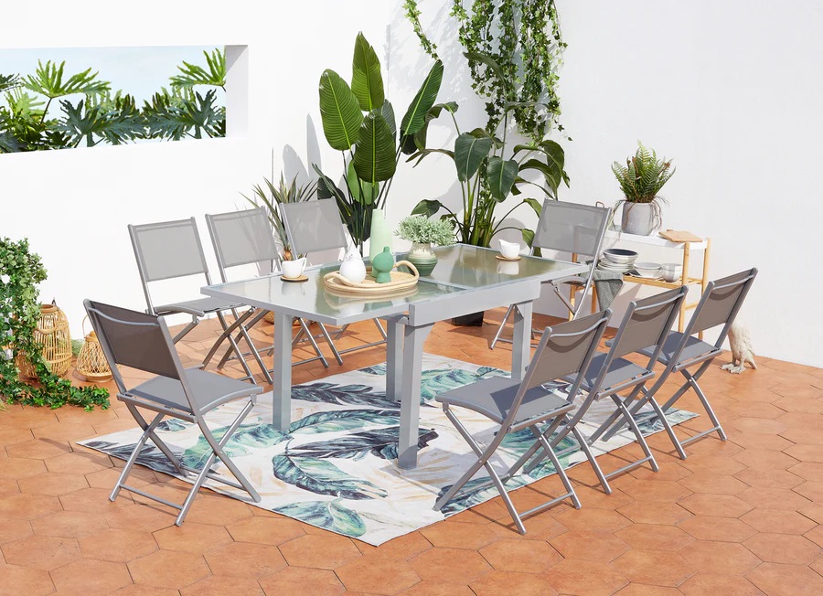 Table de jardin extensible MOLVINA 8 places et 8 chaises en aluminium