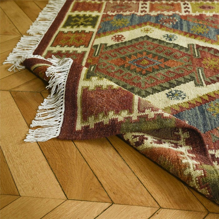 Tapis rectangulaire Casatera en coton et laine à motifs kilim colorés tissé main