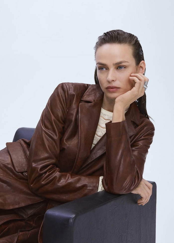 MANGO MARINA Veste cuir effet usé Marron