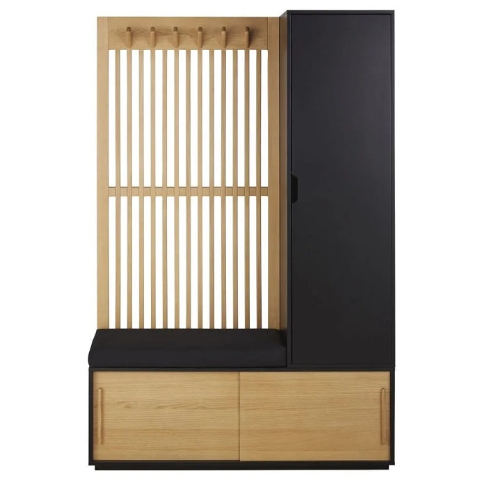 Vestiaire 3 portes SCILO avec portant en bois de frêne gris anthracite et noir
