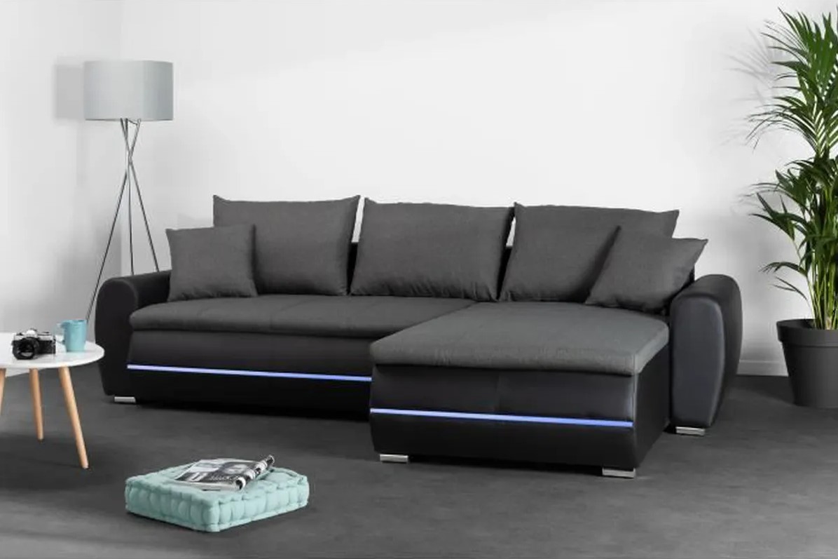 Canapé d'angle droit convertible MARIO 4 places avec éclairage LED Simili noir et tissu gris