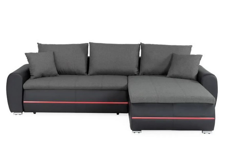 Canapé d'angle droit convertible MARIO 4 places avec éclairage LED Simili noir et tissu gris