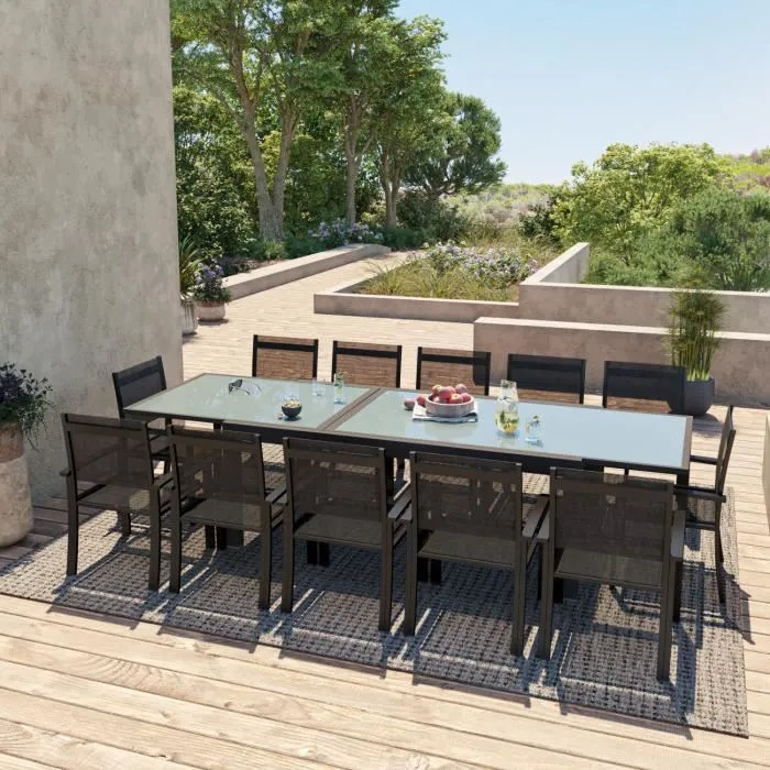 Table de jardin extensible HARA XXL aluminium + 12 fauteuils textilène Noir