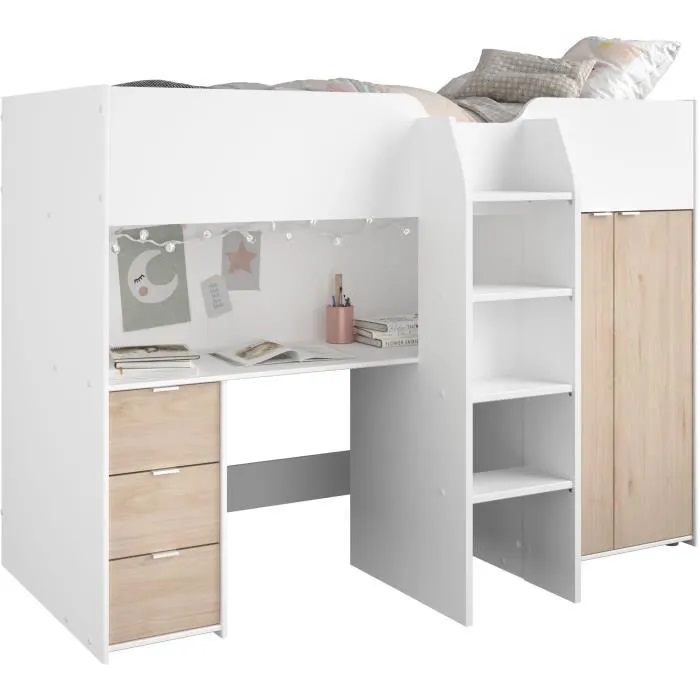 Lit combiné mezzanine enfant TOM Décor blanc et chêne