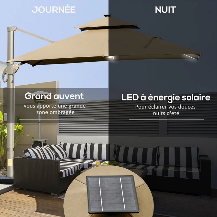 Parasol déporté LED carré OUTSUNNY double toit inclinable pivotant 360° beige - Maisons du Monde