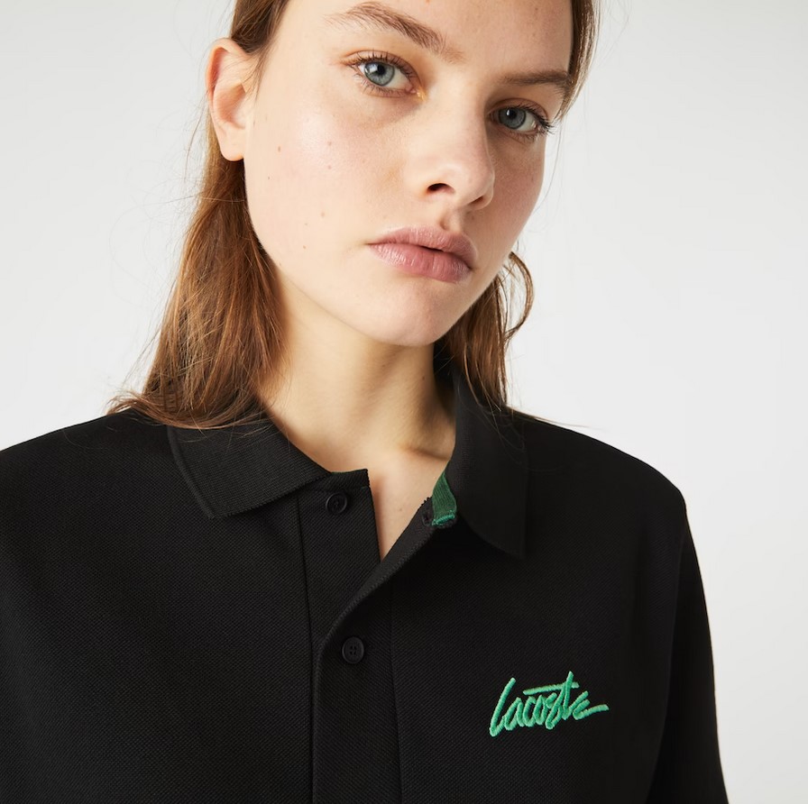 Polo Lacoste L!VE loose fit unisexe en coton avec signature Noir/Vert