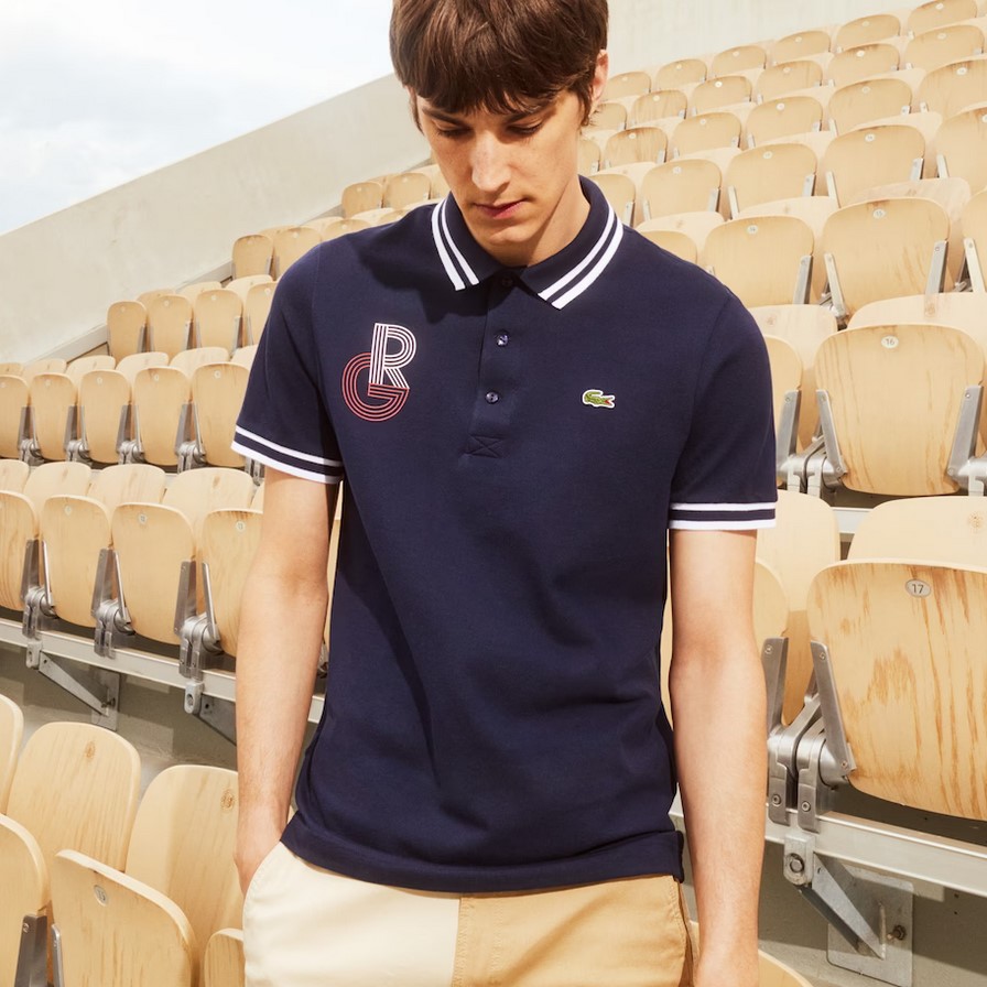 Polo Lacoste SPORT à col rayé en piqué Édition Roland Garros Bleu Marine/Banc/Rouge