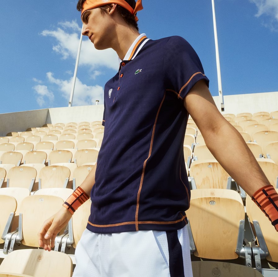 Polo Lacoste SPORT respirant col tricolore Édition Roland Garros Bleu Marine/Orange-Blanc