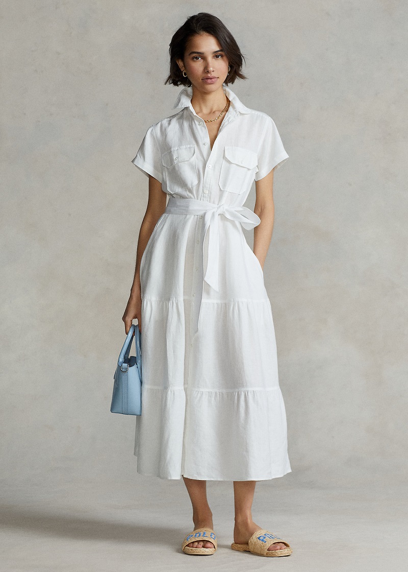 Polo Ralph Lauren Robe chemise gitane mi longue en lin blanc