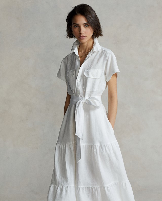 Polo Ralph Lauren Robe-chemise gitane mi-longue en lin blanc