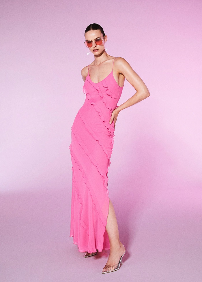 Mango SUR Robe gaze volants Rose