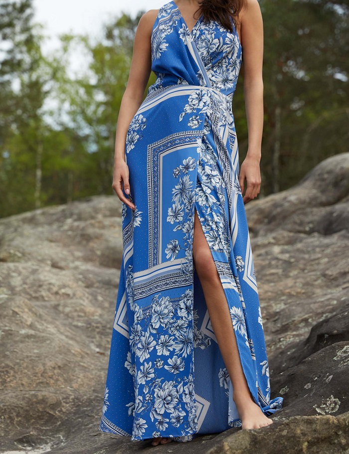 Robe longue évasée MORGAN imprimé bleu