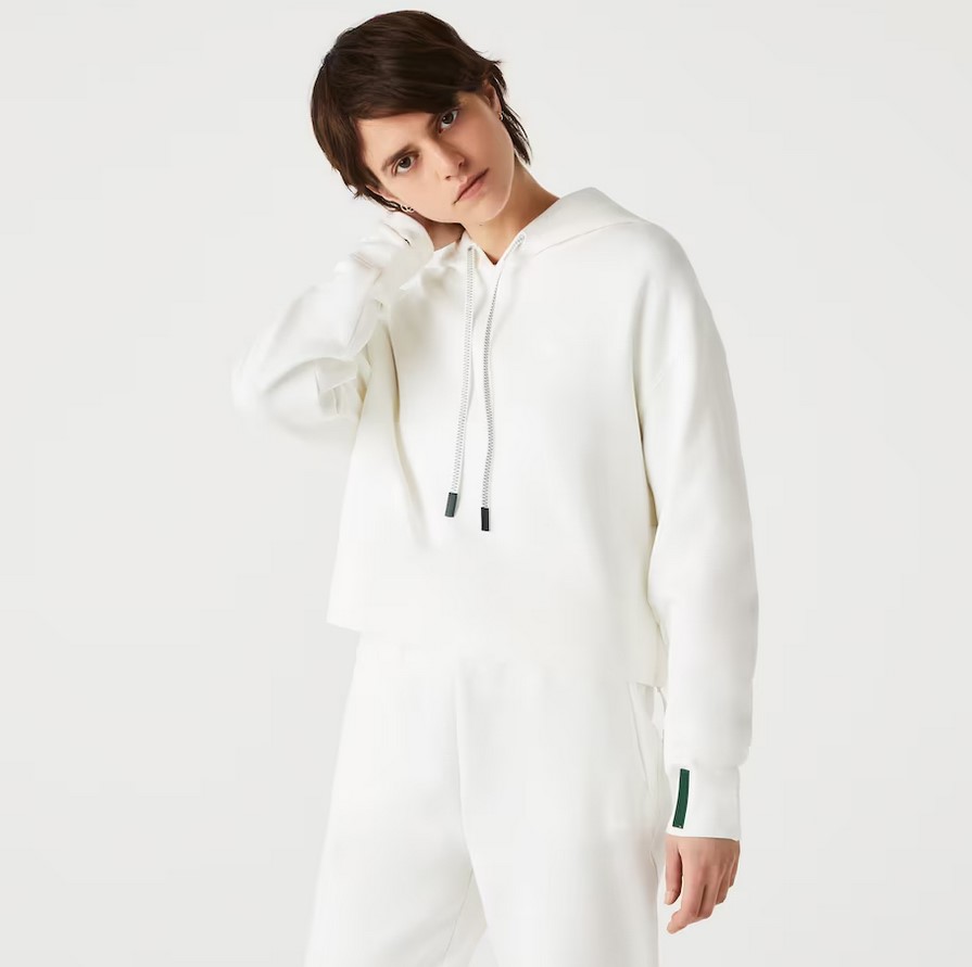 Sweatshirt court uni à capuche Lacoste en coton mélangé stretch Blanc